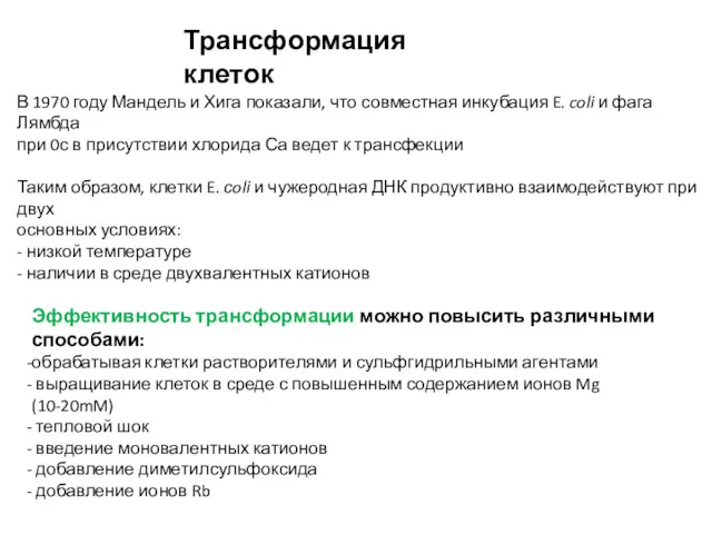 Трансформация клеток В 1970 году Мандель и Хига показали, что