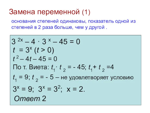 Замена переменной (1) основания степеней одинаковы, показатель одной из степеней