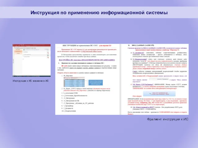 Инструкция по применению информационной системы Инструкция к ИС вложена в ИС Фрагмент инструкции к ИС