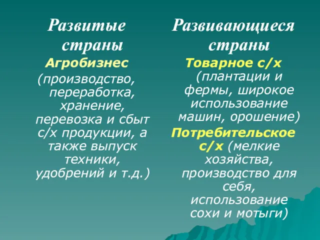 Развитые страны Агробизнес (производство, переработка, хранение, перевозка и сбыт с/х