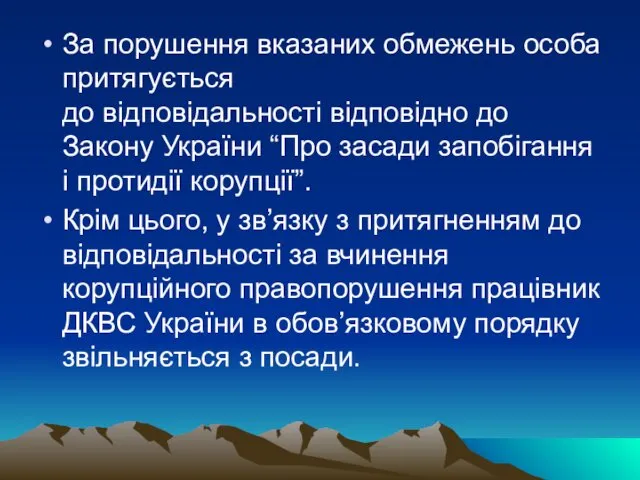 За порушення вказаних обмежень особа притягується до відповідальності відповідно до