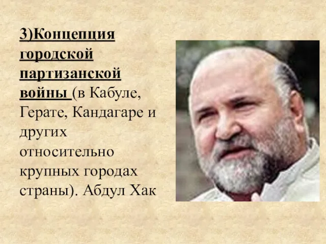 3)Концепция городской партизанской войны (в Кабуле, Герате, Кандагаре и других относительно крупных городах страны). Абдул Хак