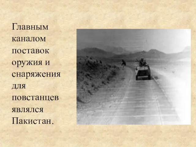 Главным каналом поставок оружия и снаряжения для повстанцев являлся Пакистан.