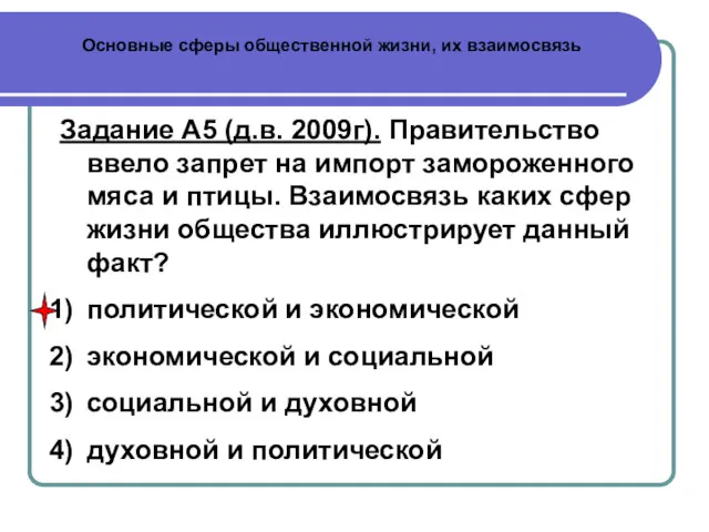 Основные сферы общественной жизни, их взаимосвязь Задание А5 (д.в. 2009г).