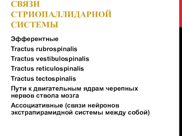 СВЯЗИ СТРИОПАЛЛИДАРНОЙ СИСТЕМЫ Эфферентные Tractus rubrospinalis Tractus vestibulospinalis Tractus reticulospinalis