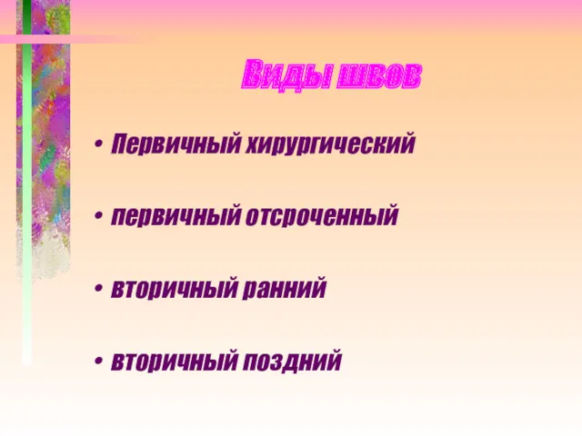 Виды швов Первичный хирургический первичный отсроченный вторичный ранний вторичный поздний