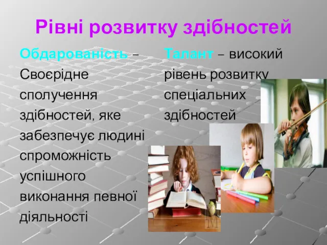 Рівні розвитку здібностей Обдарованість – Своєрідне сполучення здібностей, яке забезпечує