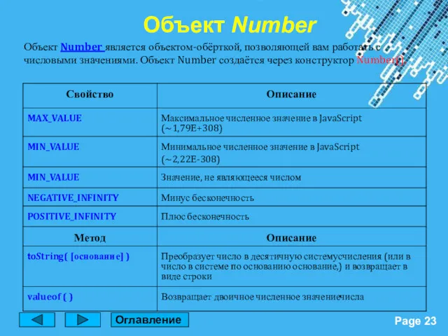 Объект Number является объектом-обёрткой, позволяющей вам работать с числовыми значениями.