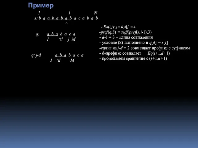 - Eq(i,j): j = 6,d[j] = 4 pref(q,3) = suff(pref(s,i-1),3)