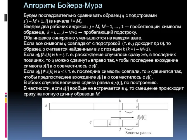 Алгоритм Бойера-Мура Будем последовательно сравнивать образец q с подстроками s[i