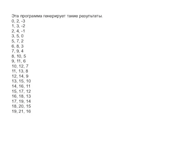 Эта программа генерирует такие результаты. 0, 2, -3 1, 3,