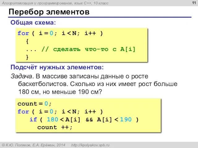 Перебор элементов Общая схема: for ( i = 0; i