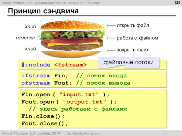 Принцип сэндвича хлеб хлеб начинка ifstream Fin; // поток ввода