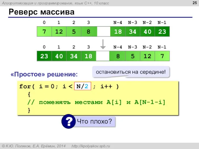 Реверс массива «Простое» решение: for( i = 0; i {