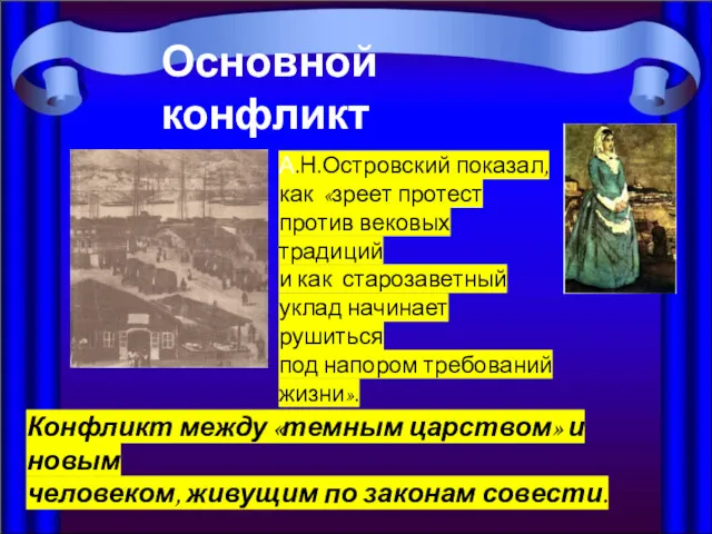 Основной конфликт А.Н.Островский показал, как «зреет протест против вековых традиций