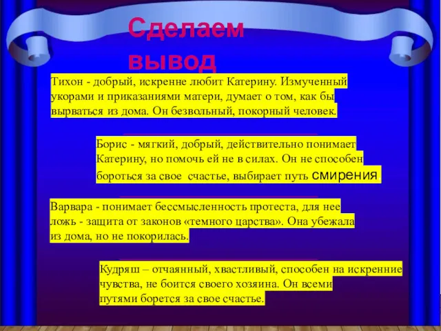 Сделаем вывод Тихон - добрый, искренне любит Катерину. Измученный укорами