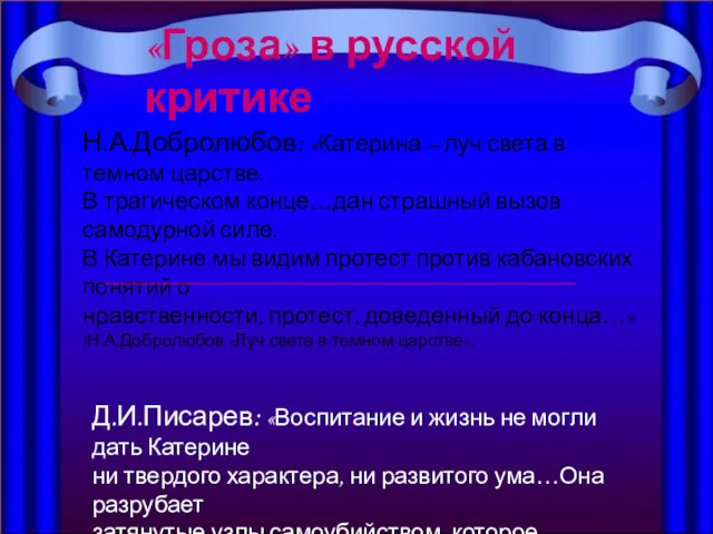 «Гроза» в русской критике Н.А.Добролюбов: «Катерина – луч света в