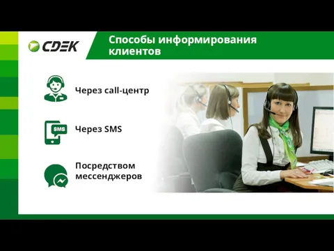 Через call-центр Через SMS Посредством мессенджеров Способы информирования клиентов