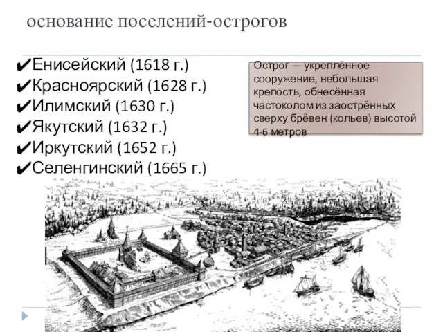 основание поселений-острогов Острог — укреплённое сооружение, небольшая крепость, обнесённая частоколом