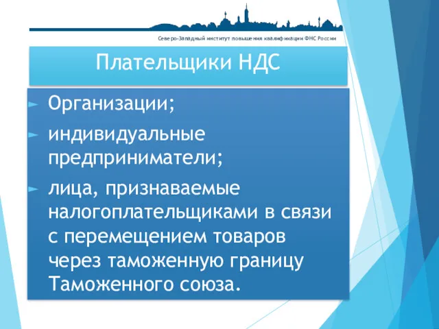 Плательщики НДС Организации; индивидуальные предприниматели; лица, признаваемые налогоплательщиками в связи