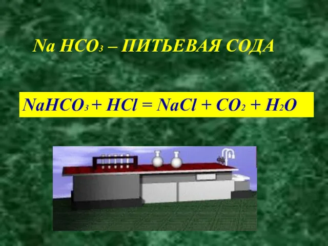 Na HCO3 – ПИТЬЕВАЯ СОДА NaHCO3 + HCl = NaCl + CO2 + H2O