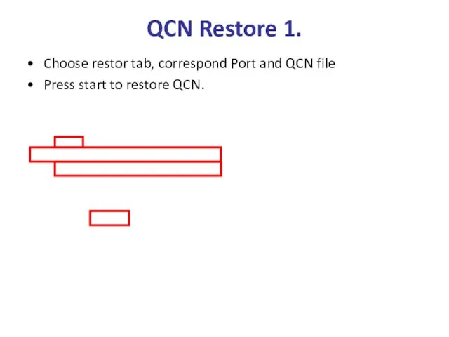 QCN Restore 1. Choose restor tab, correspond Port and QCN file Press start to restore QCN.