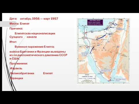 Дата: октябрь 1956 — март 1957 Место: Египет Причина: Египетская национализация Суэцкого канала