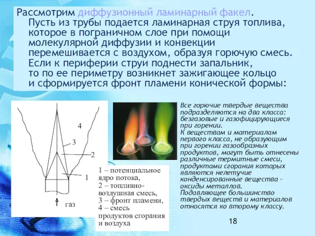 Рассмотрим диффузионный ламинарный факел. Пусть из трубы подается ламинарная струя