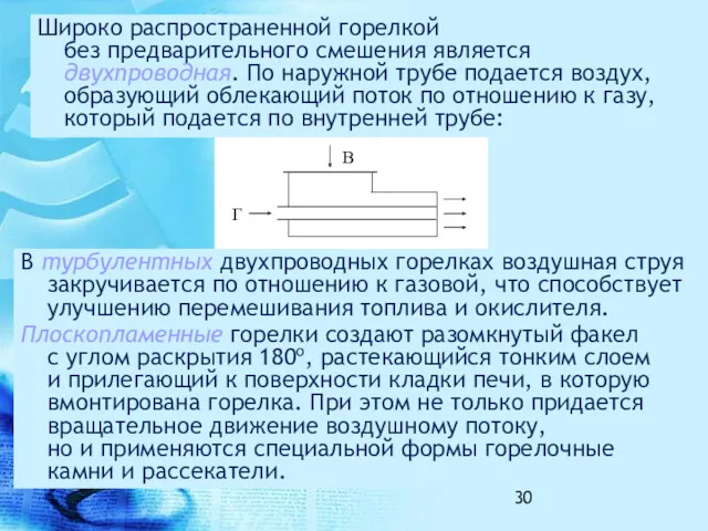 Широко распространенной горелкой без предварительного смешения является двухпроводная. По наружной