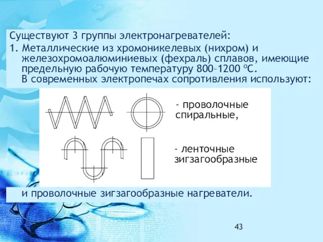 Существуют 3 группы электронагревателей: 1. Металлические из хромоникелевых (нихром) и