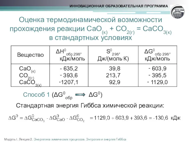 Оценка термодинамической возможности прохождения реакции CaO(к) + CO2(г) = CaCO3(к)