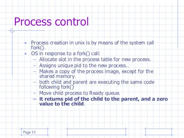 Page Process control Process creation in unix is by means