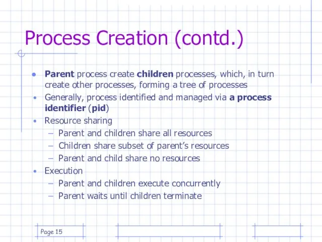 Page Process Creation (contd.) Parent process create children processes, which,