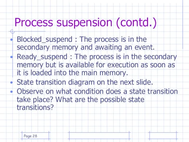 Page Process suspension (contd.) Blocked_suspend : The process is in