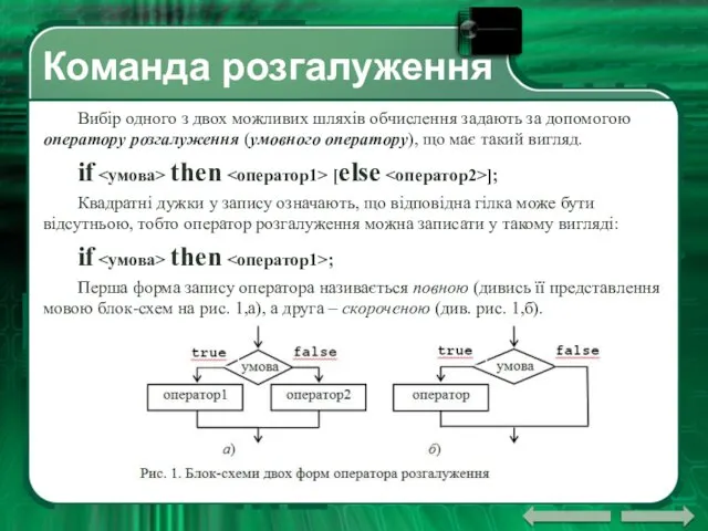 Команда розгалуження Вибір одного з двох можливих шляхів обчислення задають