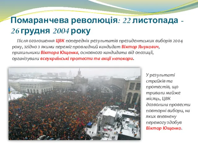 Помаранчева революція: 22 листопада - 26 грудня 2004 року Після