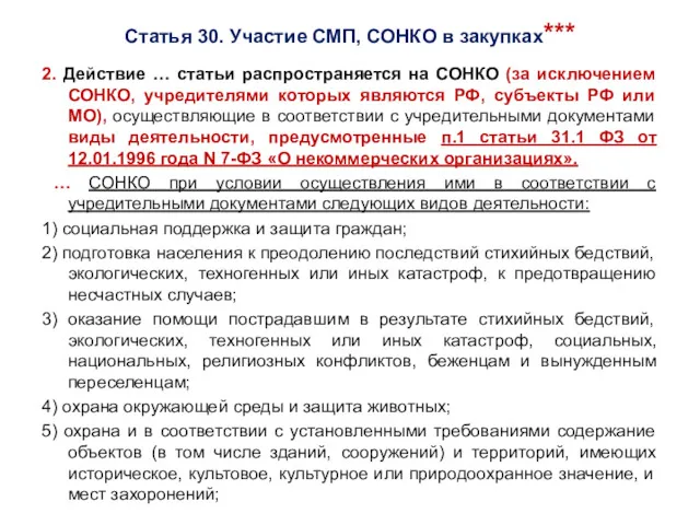 Статья 30. Участие СМП, СОНКО в закупках*** 2. Действие …