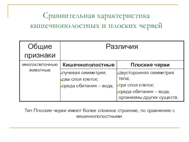 Сравнительная характеристика кишечнополостных и плоских червей Тип Плоские черви имеют