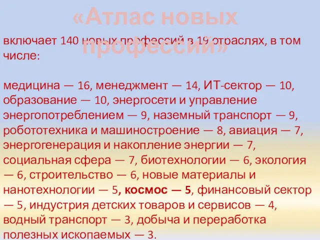 включает 140 новых профессий в 19 отраслях, в том числе: