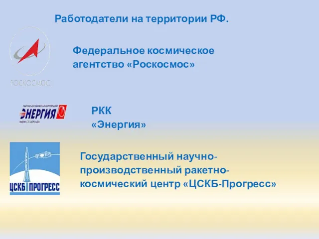 Работодатели на территории РФ. Федеральное космическое агентство «Роскосмос» РКК «Энергия» Государственный научно-производственный ракетно-космический центр «ЦСКБ-Прогресс»