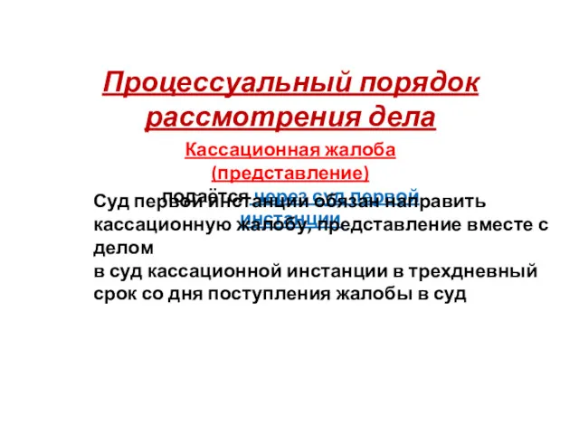 Процессуальный порядок рассмотрения дела Кассационная жалоба (представление) подаётся через суд