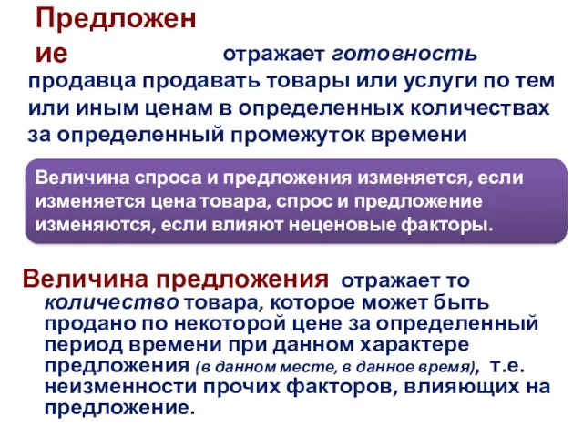 Предложение Величина предложения отражает то количество товара, которое может быть