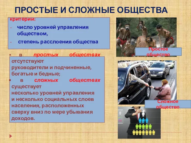 ПРОСТЫЕ И СЛОЖНЫЕ ОБЩЕСТВА критерии: число уровней управления обществом, степень