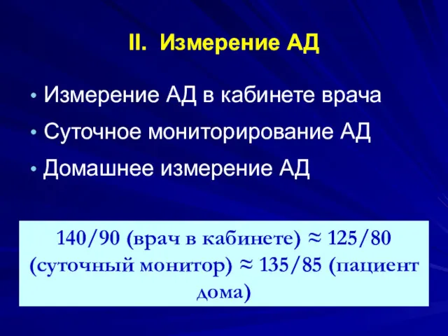 II. Измерение АД Измерение АД в кабинете врача Суточное мониторирование