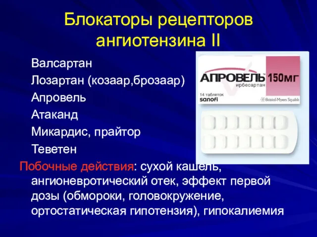 Блокаторы рецепторов ангиотензина II Валсартан Лозартан (козаар,брозаар) Апровель Атаканд Микардис,