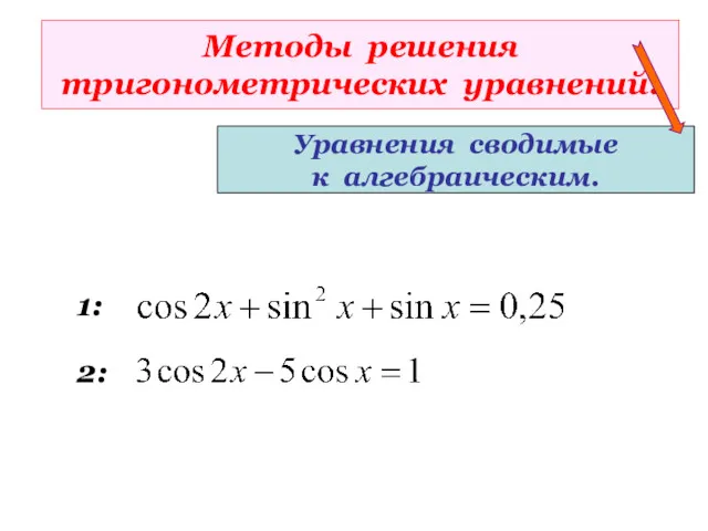 Методы решения тригонометрических уравнений. Уравнения сводимые к алгебраическим. 1: 2: