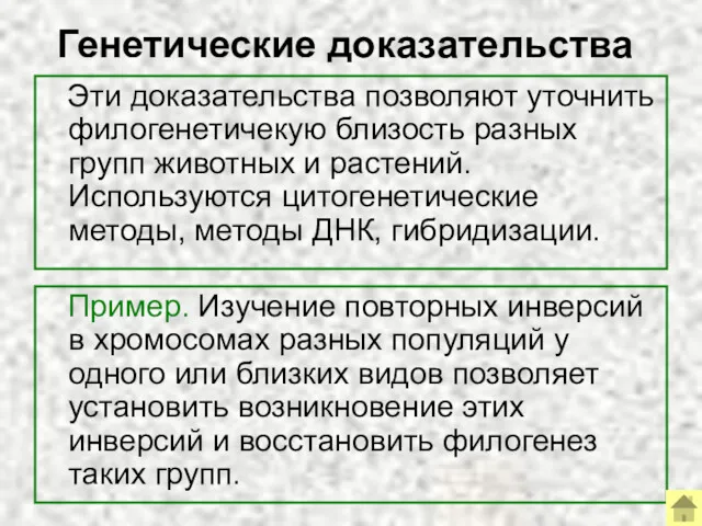 Генетические доказательства Эти доказательства позволяют уточнить филогенетичекую близость разных групп