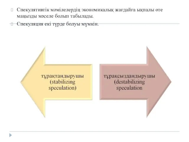 Спекулятивтік мәмілелердің экономикалық жағдайға ықпалы өте маңызды мәселе болып табылады. Спекуляция екі түрде болуы мүмкін.