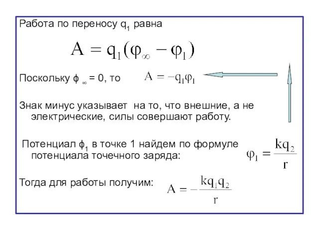 Работа по переносу q1 равна Поскольку ϕ ∞ = 0, то Знак минус