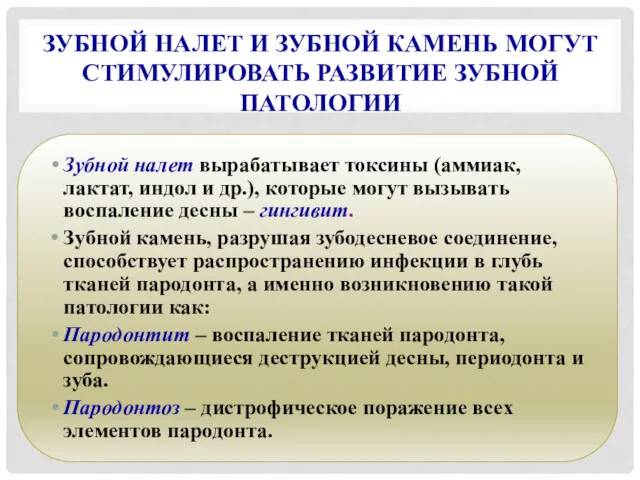 ЗУБНОЙ НАЛЕТ И ЗУБНОЙ КАМЕНЬ МОГУТ СТИМУЛИРОВАТЬ РАЗВИТИЕ ЗУБНОЙ ПАТОЛОГИИ